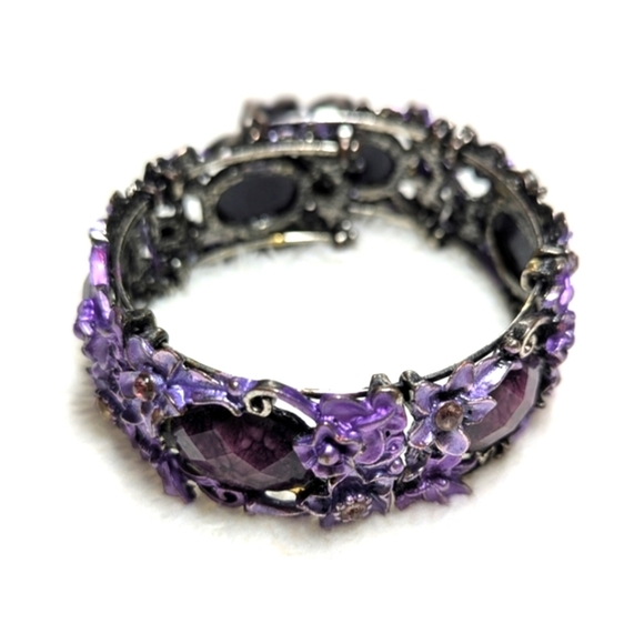 Vintage Purple Enamel Floral Bracelet w/ Pink Rhinestone Accents Wrap Bracelet - Picture 9 of 9